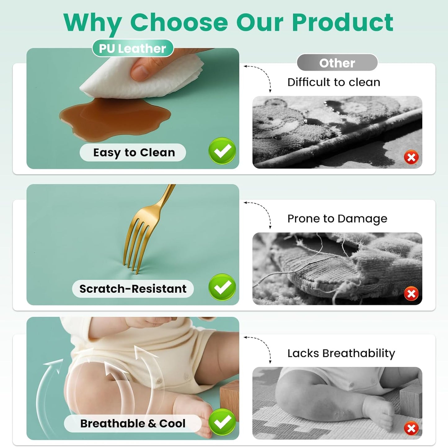 Inaya Baby Play Mat Vegan Leather 50x50”, Waterproof - Wipeable, Soft and Thick Foam Cushioned Floor Mat for Babies and Toddlers, Ideal for Crawling, Tummy Time, Playpen & Diaper Change, Stylish Green