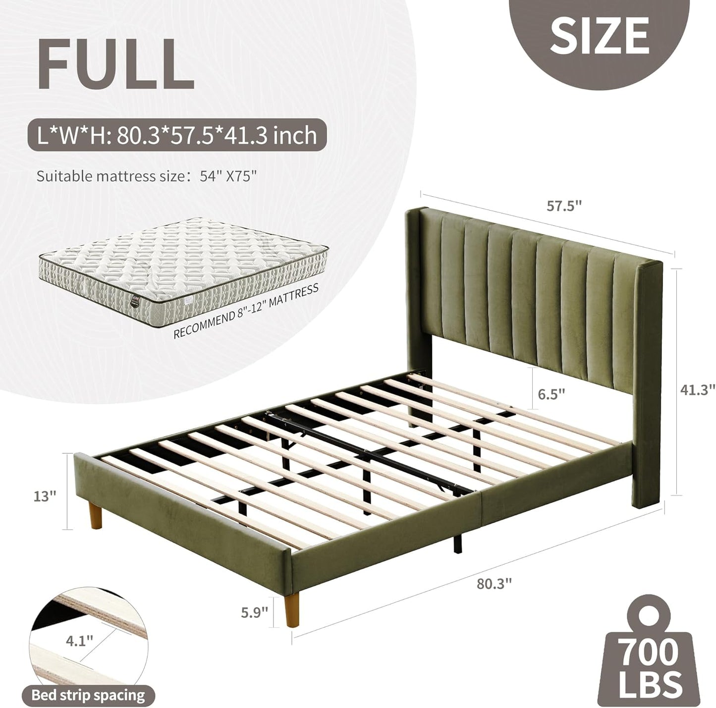 YUHUASHI upholstered Platform Bed Frame/Full Bed Frame/Modern Geometric Double-Wing Design headboard/Velvet Fabric/Easy to Assemble no Noise (Grass Green, Full)