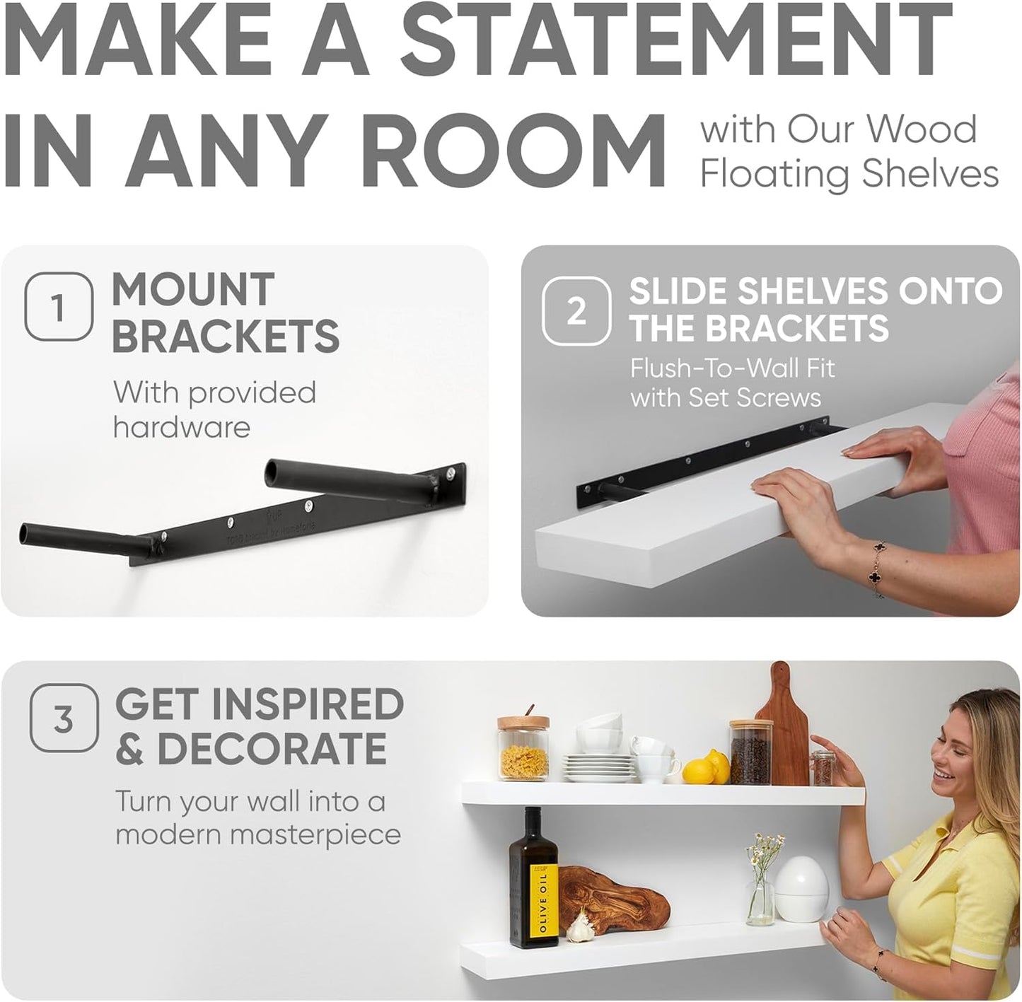 Homeforia White Floating Shelves 42 inch, High End Solid Real Wood 42inch Floating Shelf for Wall Mounted, White Wooden 42in Long Floating Shelves, Heavy Duty Bracket, 42 X 6.5 X 1.75 inches, Set of 3