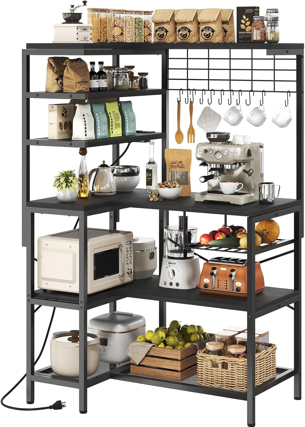 L-Shaped Bakers Rack with Power Outlet, 6-Tier Microwave Stand with Open Storage, Coffee Bar with Hooks, Mesh Grid, Kitchen Shelf with Wire Basket, Black