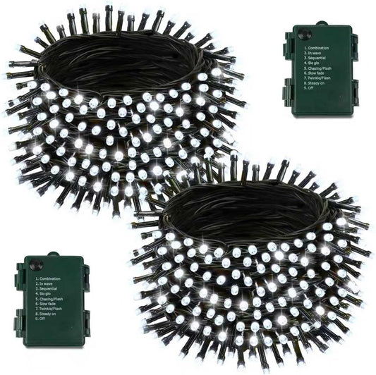 2 Pack Battery Operated Christmas Lights with Timer, 66FT 200 LED Waterproof Battery Twinkle Light, 8 Modes Green Wire Fairy Lights for Indoor & Outdoor Bedroom Tree Christmas Decorations (Cool White)