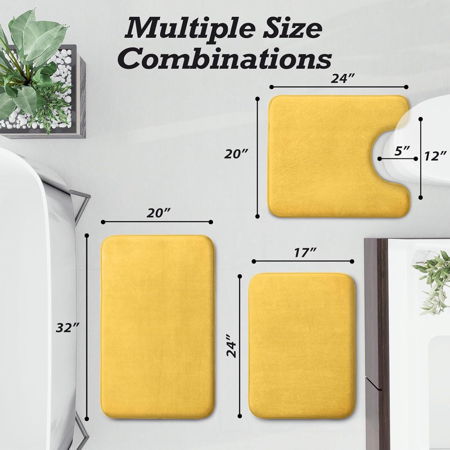 HUXMEYSON Bathroom Rugs Sets 3 Piece, Non-Slip & Quick Dry Bath Mat Set, Ultra Soft Velvet Bath Rugs for Bathroom, Toilet and Shower Floor, Yellow