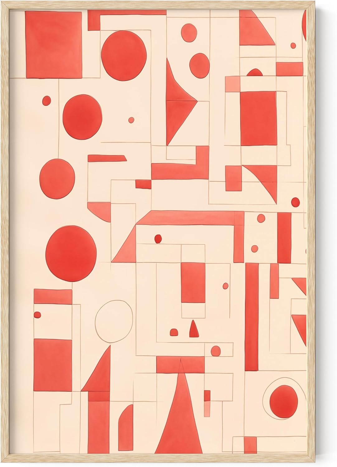 HAUS AND HUES Colorful Abstract Wall Art - Minimalist Retro Picture for Living Room Decor, Red and Pink Modern Wall Art Painting (Red Geometric, Beige Frame, 24x36)