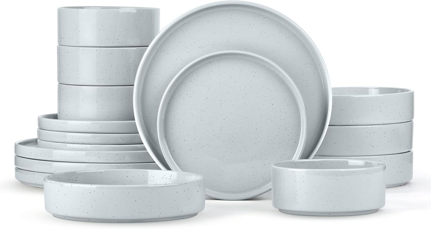 Herogo Stoneware Dinnerware Set with Salad Bowls, Kitchen Dinner Dish Set for 4, 16 Piece Plates and Cereal Pasta Bowls, Chip & Scratch Resistant Dishware, Speckled Light Gray