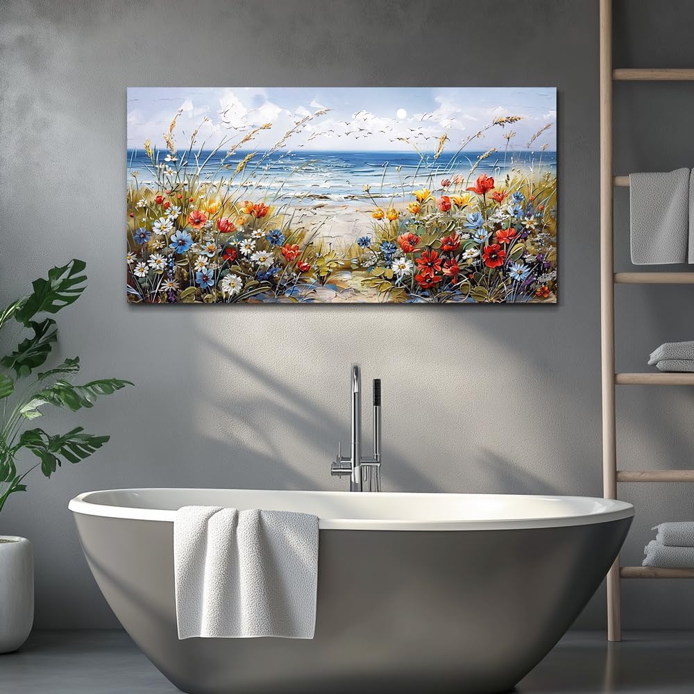 MHARTK66 Canvas Wall Art For Living Room Farmhouse Bedroom Wall Painting Blue Beach Ocean Pictures Office Photos Watercolor Wall Decor Flowers Nature Artwork For Walls Modern Home Decorations