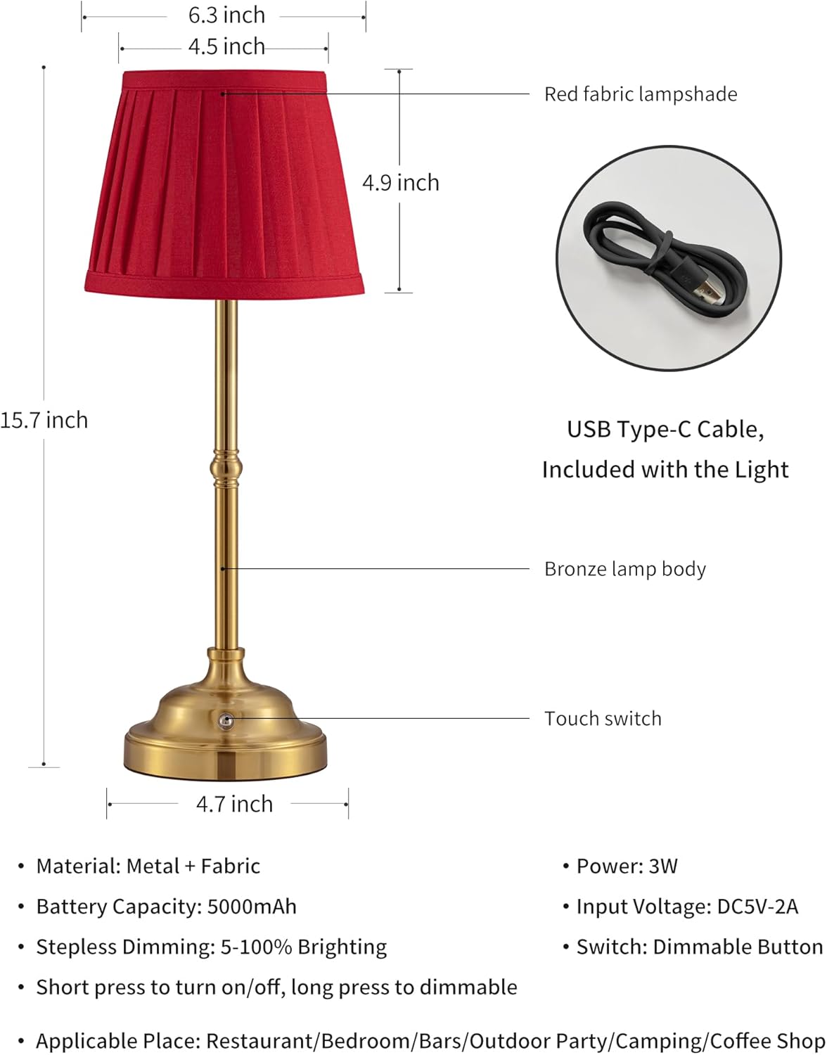 KDG Cordless LED Table Lamp Set of 2, Portables Fabric Shade Desk Lamps, 5000mAh Rechargeable Battery Powered Lighting, Dimmable Light for Dining Room, Bedroom, Bedside, Night Light, Balcony (Red)