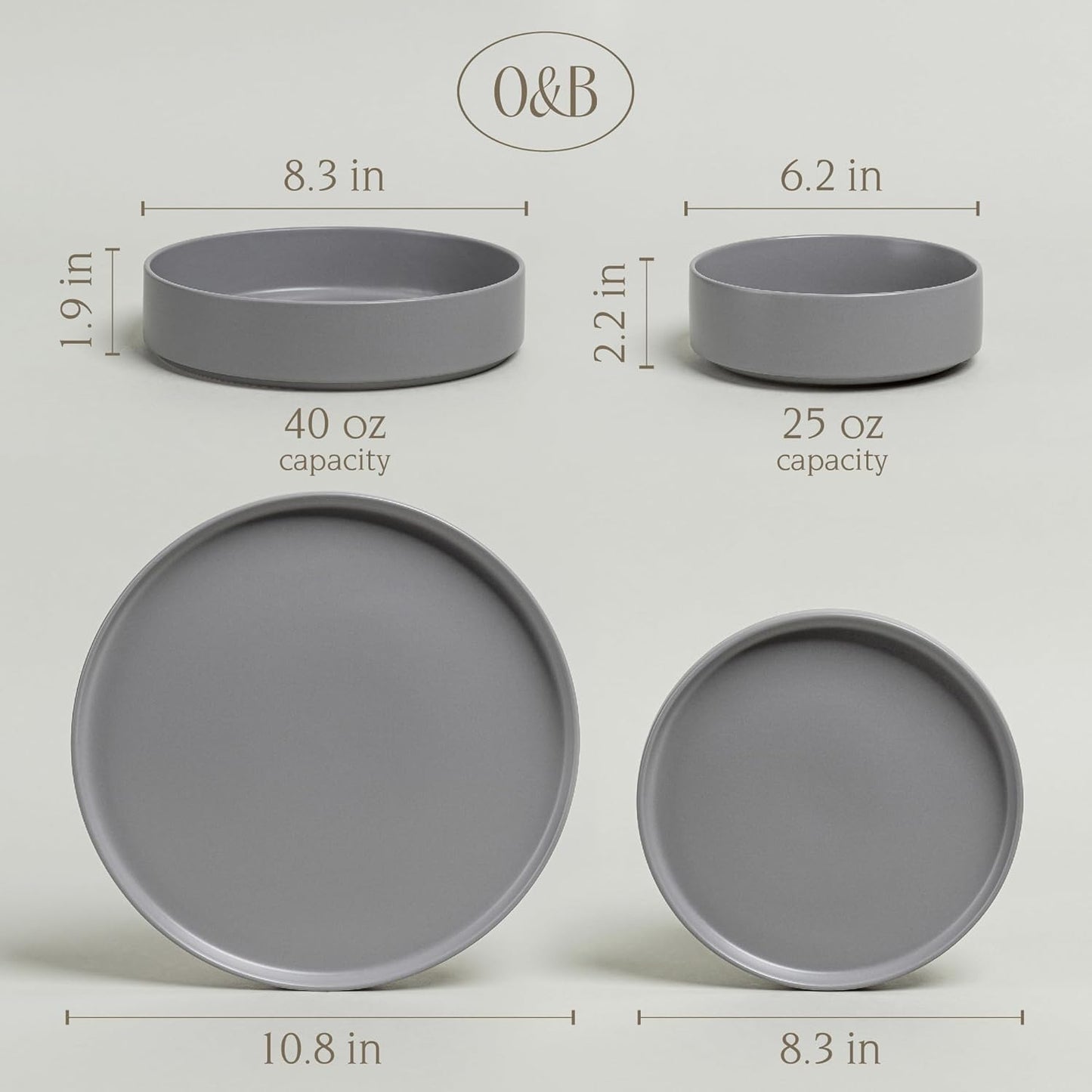 over&back 16-Piece Stackable Dinnerware Dish Set - Stoneware Dishes - Includes 4 Dinner Plates, 4 Salad Plates, 4 Cereal Bowls, and 4 Dinner Bowls - All-Occasion Place Settings - Semi-Matte Charcoal