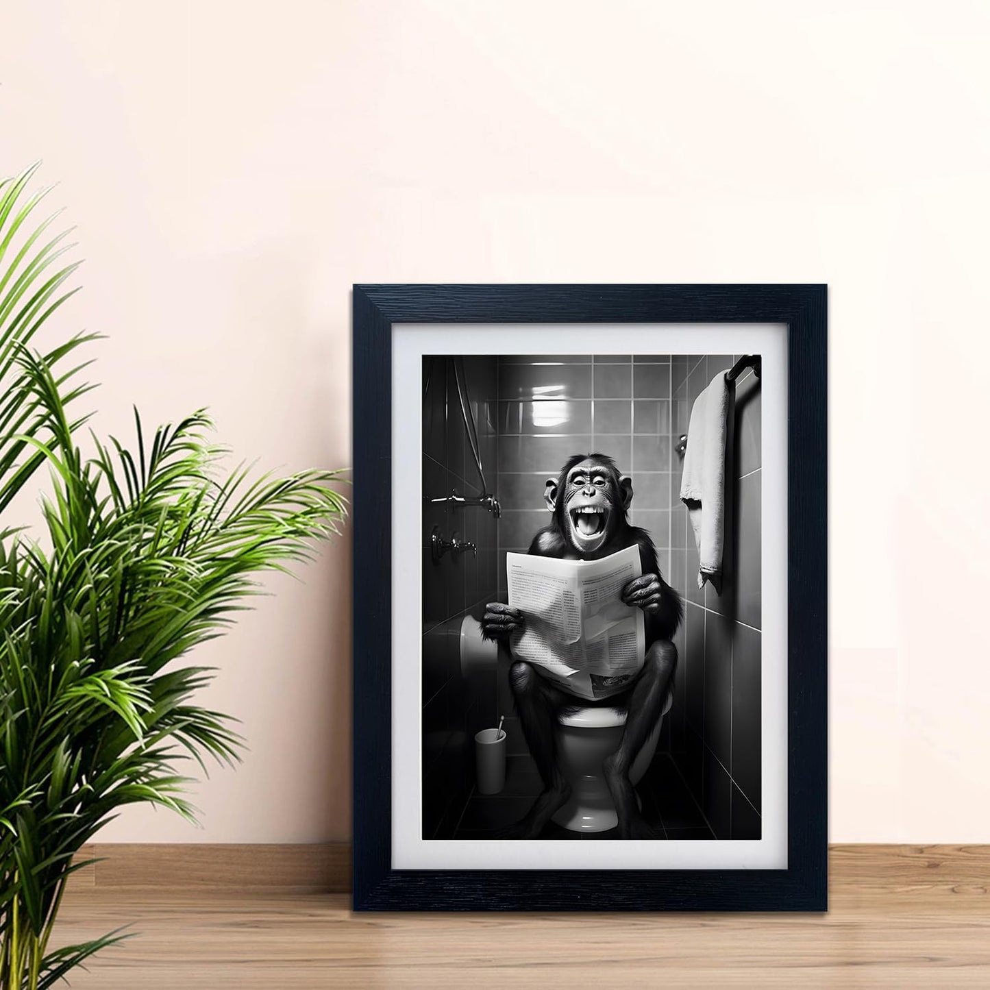 Framed Black and White Animal Bathroom Canvas Wall Art Monkey Reading Newspaper Toilet Humor Decor Funny Bathroom Sign Wall Decor