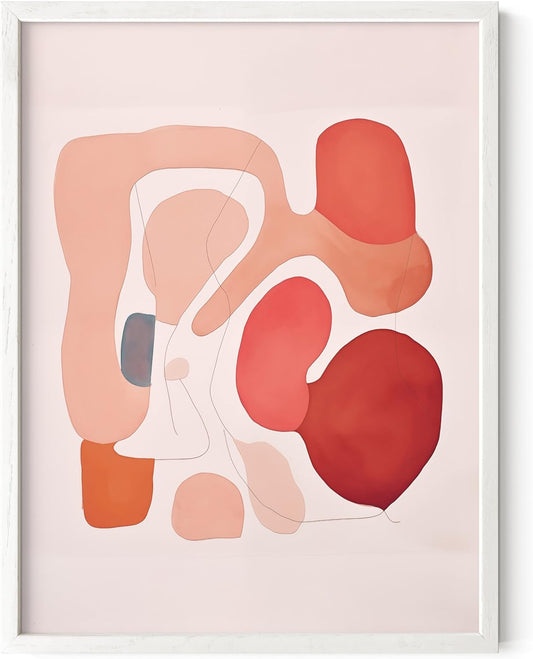 HAUS AND HUES Colorful Abstract Wall Art - Minimalist Retro Picture for Living Room Decor, Red and Pink Modern Wall Art Painting (Pink Abstract Shapes, White Frame, 12x16)