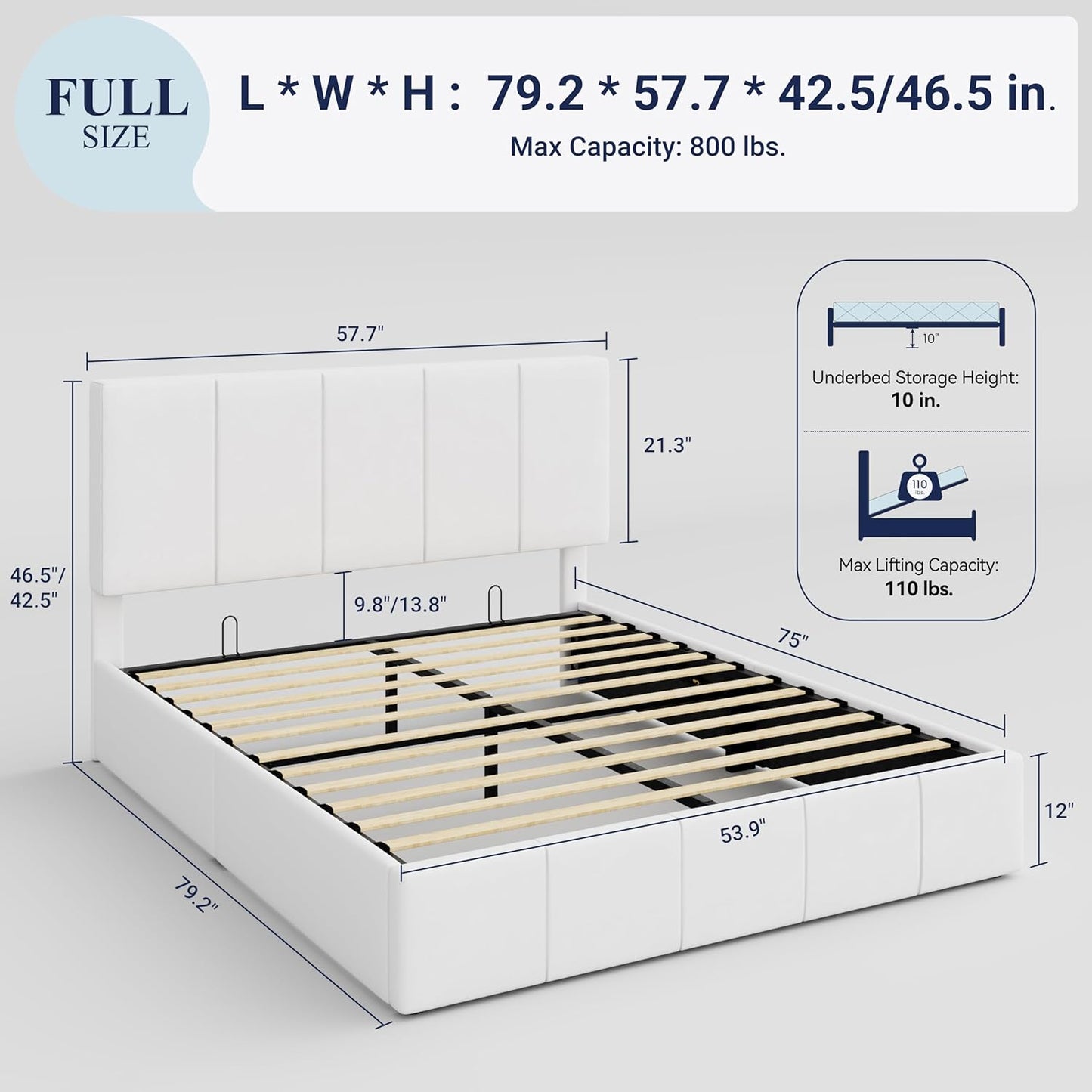 Allewie Full Size Velvet Lift Up Storage Bed Frame, Vertical Channel Tufted Headboard, Hydrualic Underneath Storage, Upholstered Platform Bed, Wooden Slats Support, No Box Spring Needed, White
