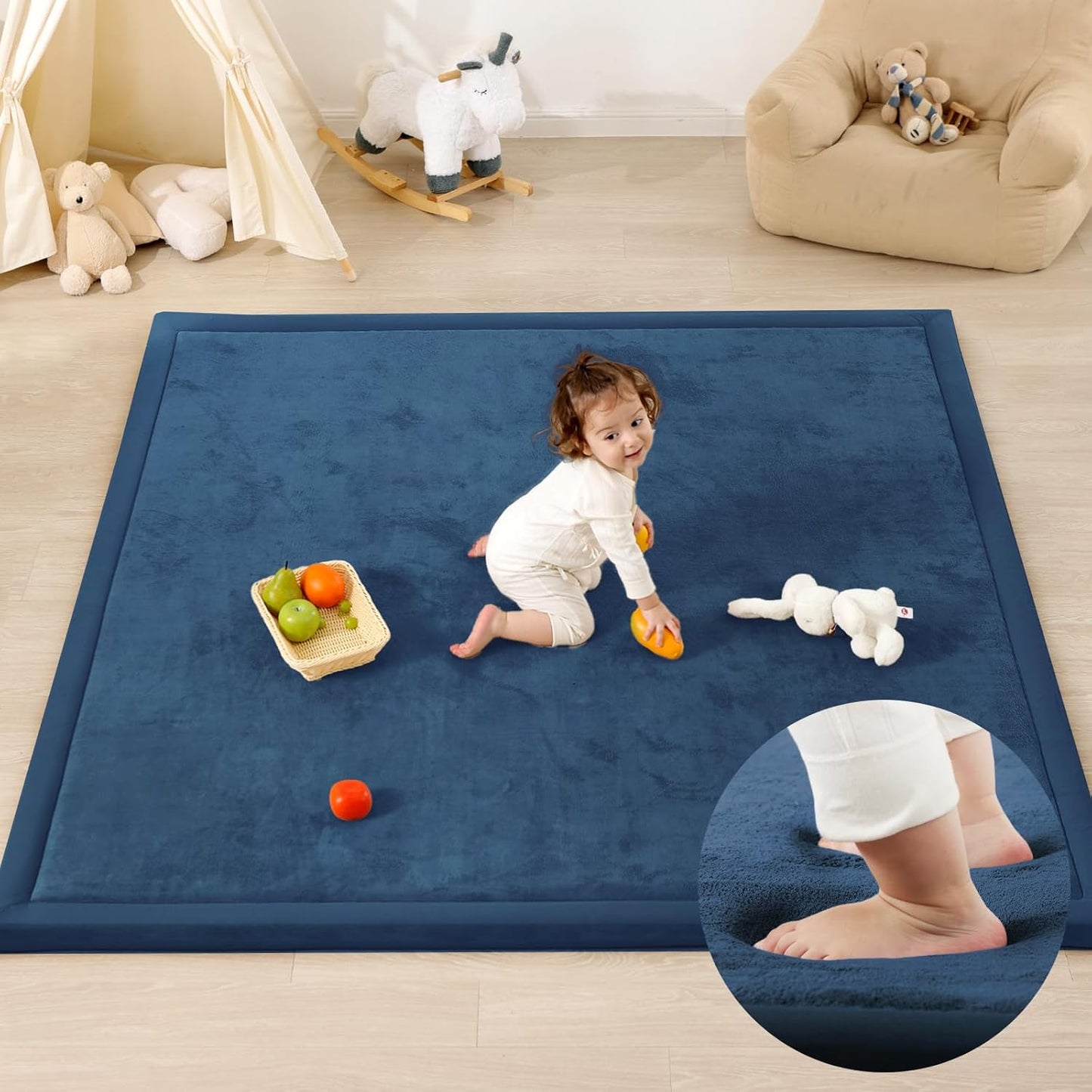 1.3" Thick Baby Play Mat for Floor, 39x59 Foam Tummy Time Mat, Padded Support Soft Plush Nursery Rug for Infant Kids Toddler Crawling Kick Activity (Royal Blue)