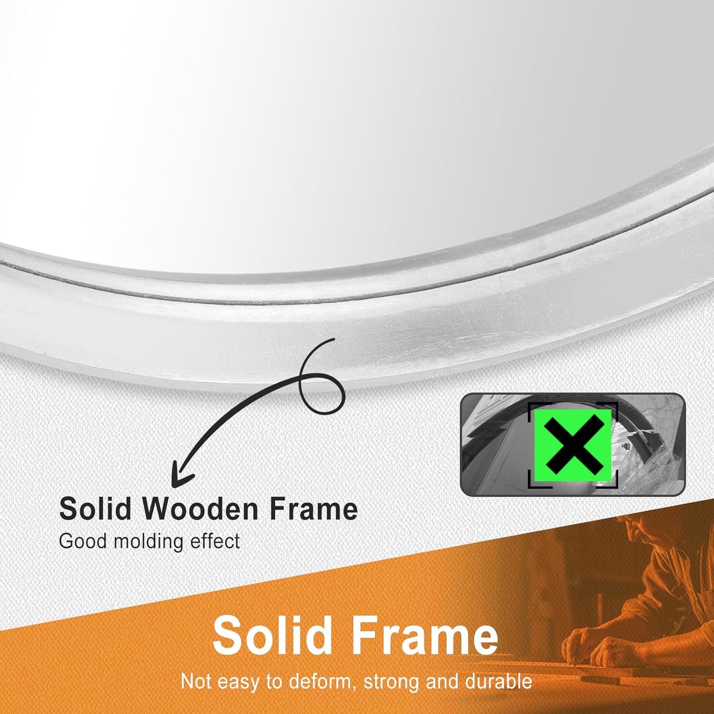 Round Mirror, 24 Inch Silver Wood Frame, Wall Circle Mirror for Bathroom or Nursery Decor