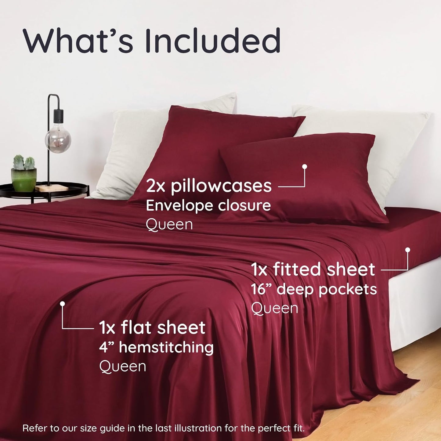 Bambaw Queen Size 4pcs Cooling Sheets Set 100% Viscose Derived from Bamboo, Luxury Bedding, Soft Sheets, Deep Pocket Fits Up to 16'' Mattresses (Burgundy)