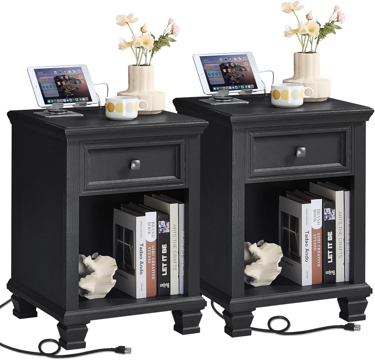 Farmhouse End Tables Living Room Set of 2, Rustic Wood Nightstand with 1 Drawer, Bedside Table with Open Shelf for Bed Room, Side Table for Living Room, Black