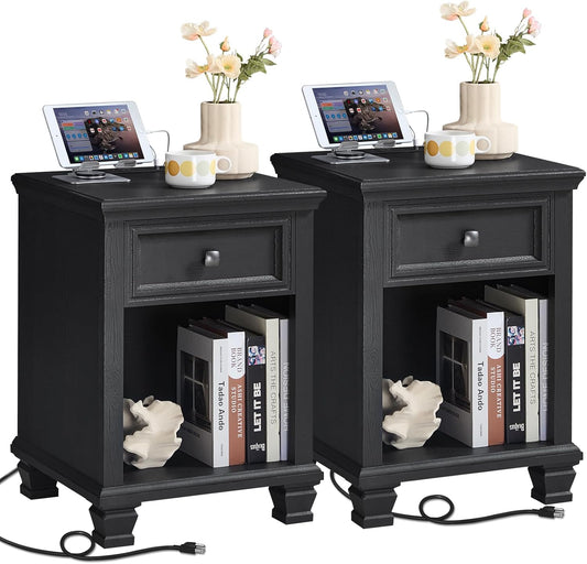 Farmhouse End Tables Living Room Set of 2, Rustic Wood Nightstand with 1 Drawer, Bedside Table with Open Shelf for Bed Room, Side Table for Living Room, Black