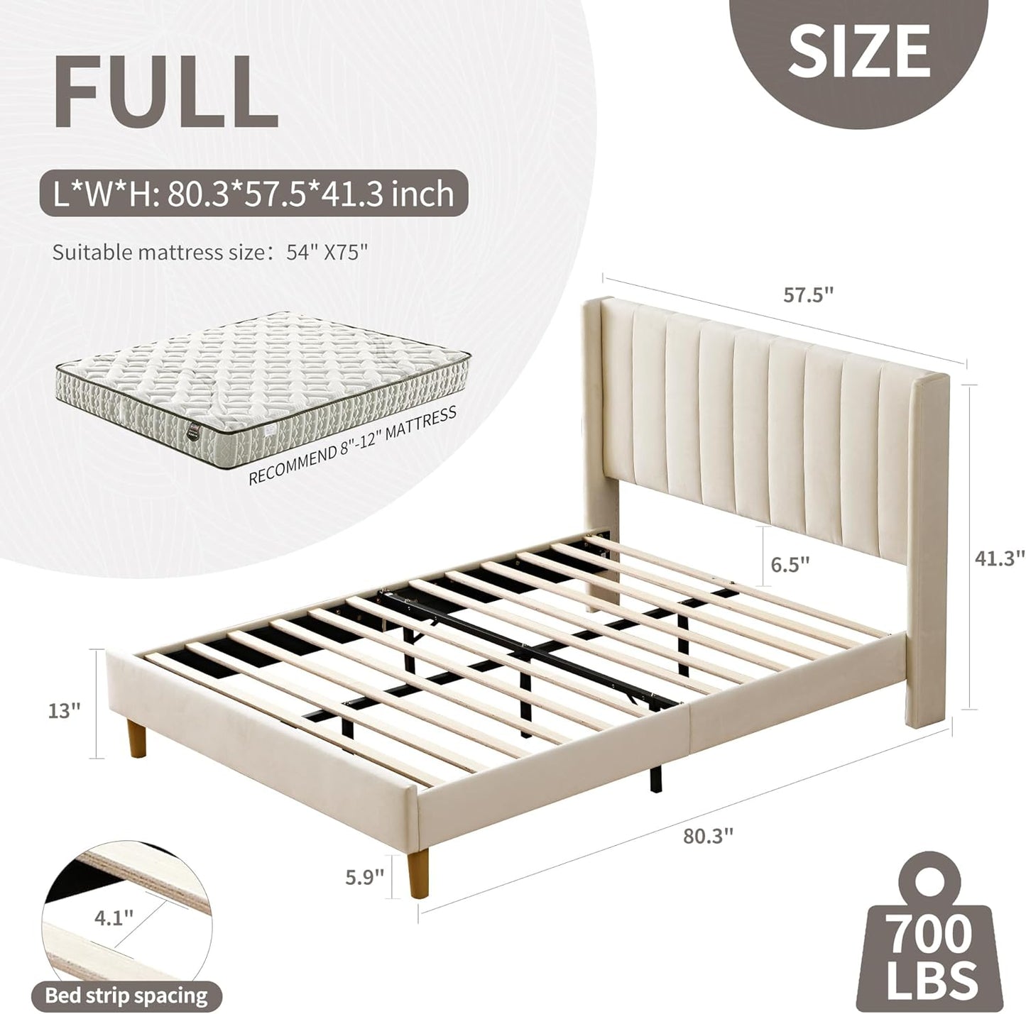 YUHUASHI upholstered Platform Bed Frame/Full Bed Frame/Modern Geometric Double-Wing Design headboard/Velvet Fabric/Easy to Assemble no Noise (Cream, Full)