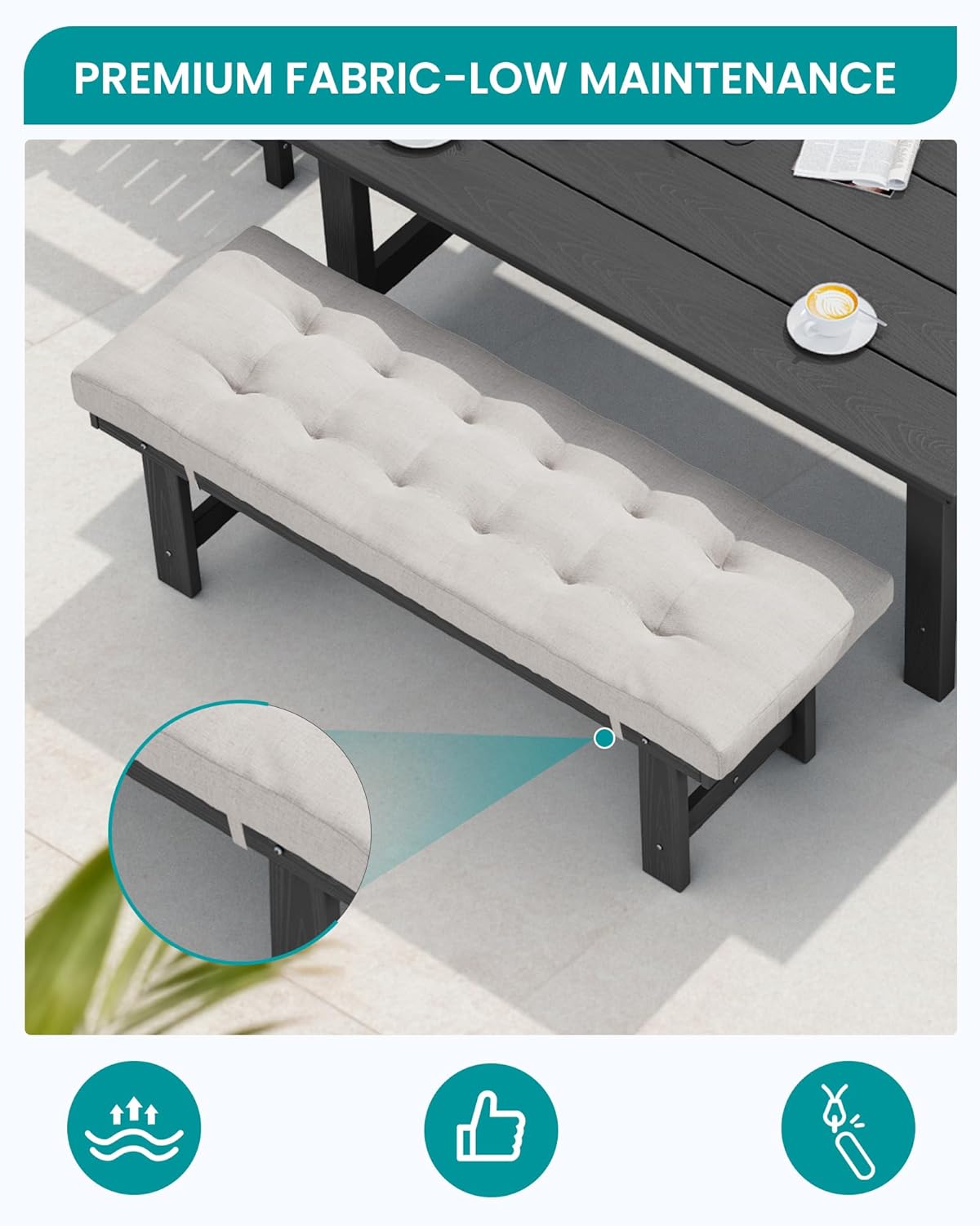 SERWALL Outdoor Dining Set for 6, HDPE Outdoor Furniture with Umbrella Hole & 1 Cushioned Bench & 4 Outdoor Dining Chairs, Black