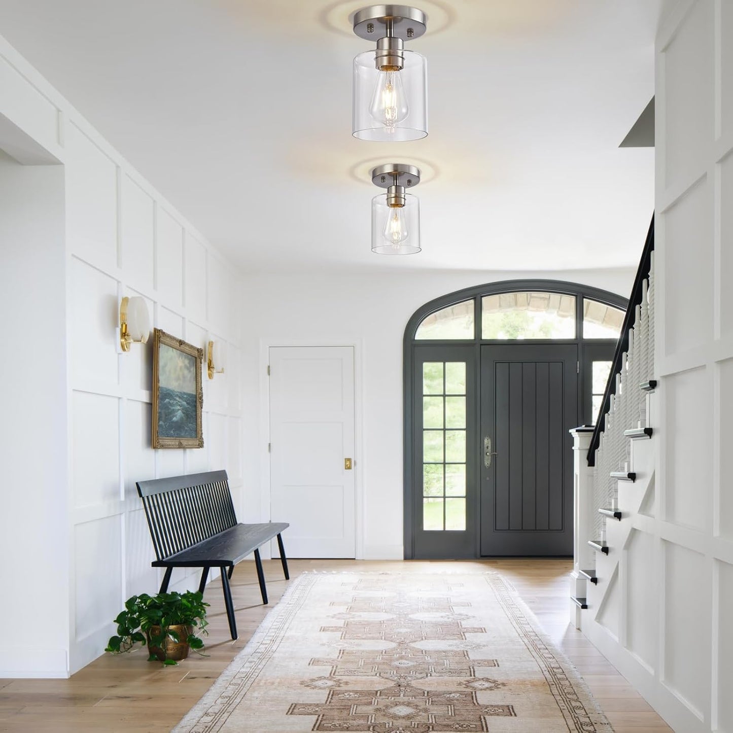 1 Light Semi Flush Mount Ceiling Light, Brushed Nickel Ceiling Light Fixtures, Modern Light Fixtures Ceiling Mount, Ceiling Lights with Glass Shade for Hallway Kitchen Foyer Porch Bedroom-1pack