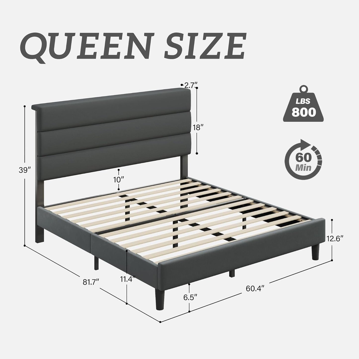 Queen Bed Frame, Platform Bed Frame with Velvet Upholstered Headboard, No Box Spring Needed, Sturdy Metal Support, Noise Free, Easy Assembly, Modern Bedroom Furniture, Grey