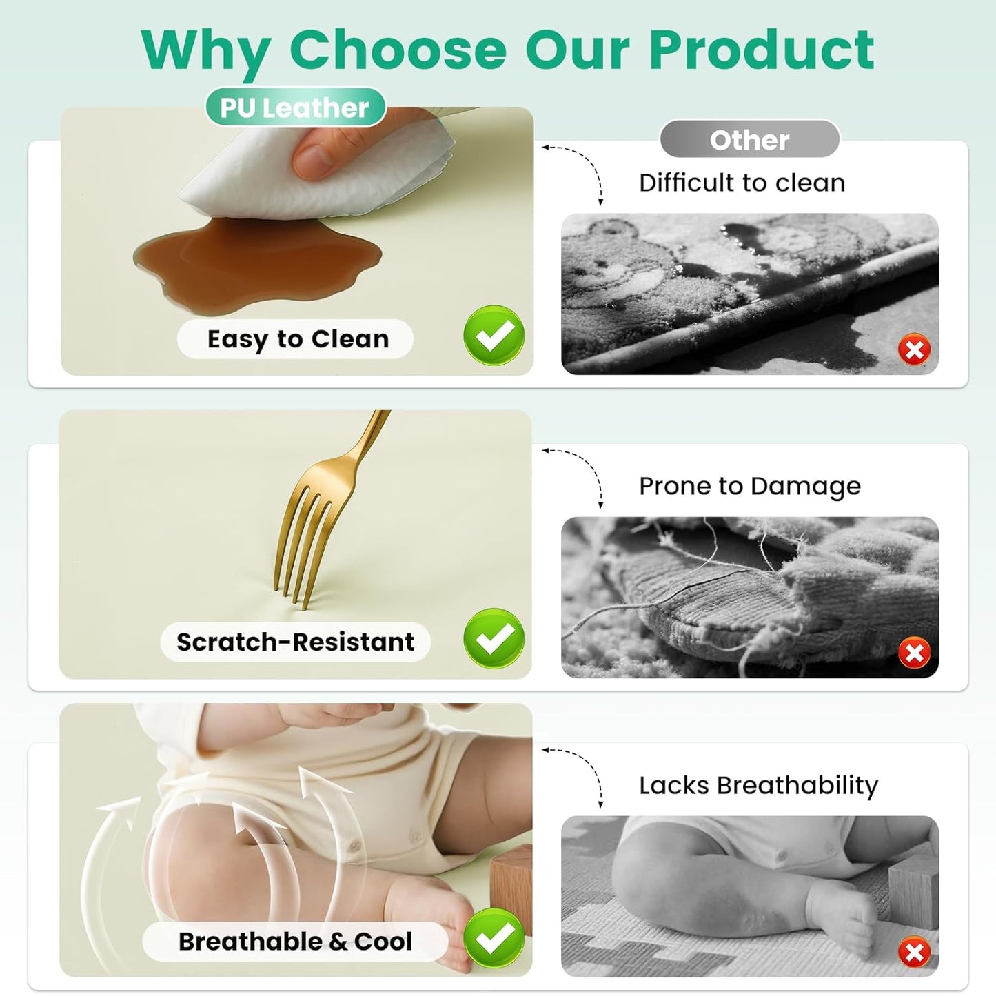 Inaya Baby Play Mat Vegan Leather 50x50”, Waterproof - Wipeable, Soft and Thick Foam Cushioned Floor Mat for Babies and Toddlers, Ideal for Crawling, Tummy Time, Playpen & Diaper Change, Stylish Beige