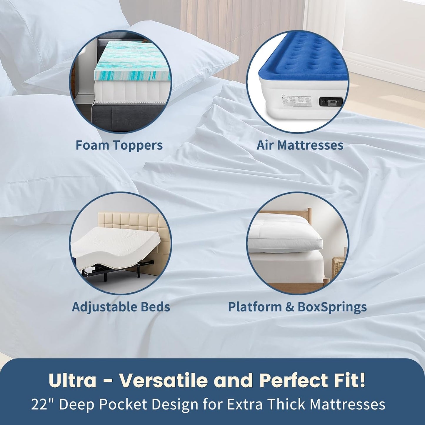 100% Linen Sheet Set King Size Extra Deep Pocket Fits 18-24 Inch Mattress, Breathable & Soft, Smooth 6-Piece Set for Thick Mattresses Hotel Luxury Bedding（King, Dusty Blue）