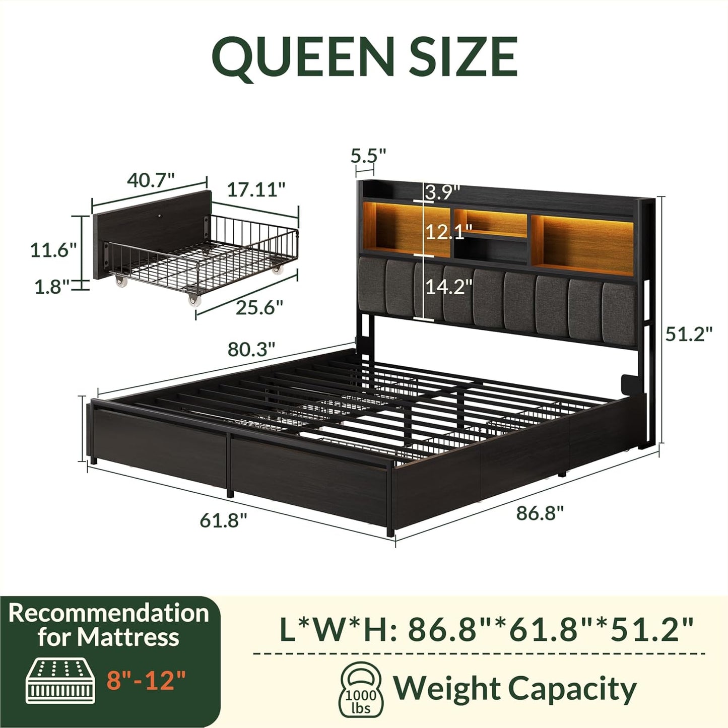LARMACE Queen Bed Frame with 6 Storage Drawers, Bed Frame Queen Size with Linen Upholstered Headboard, Built in Charging Station and LED, No Noise, Metal Support, No Box Spring Needed,Vintage Black