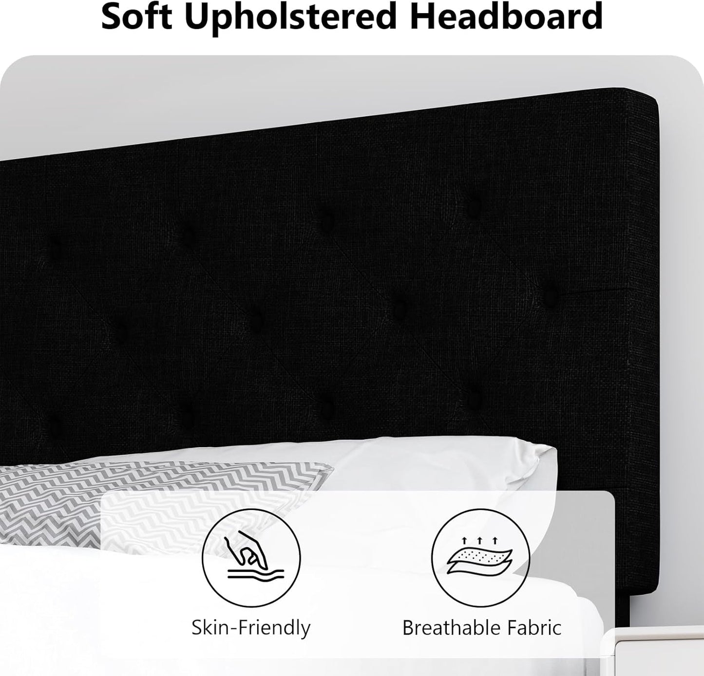HOMBCK King Size Bed Frame with Headboard, Linen Fabric Upholstered Platform Bed Frame, Button Tufted Bed Frame King, Wooden Slat Support, No Box Spring Needed, Easy Assembly, Black