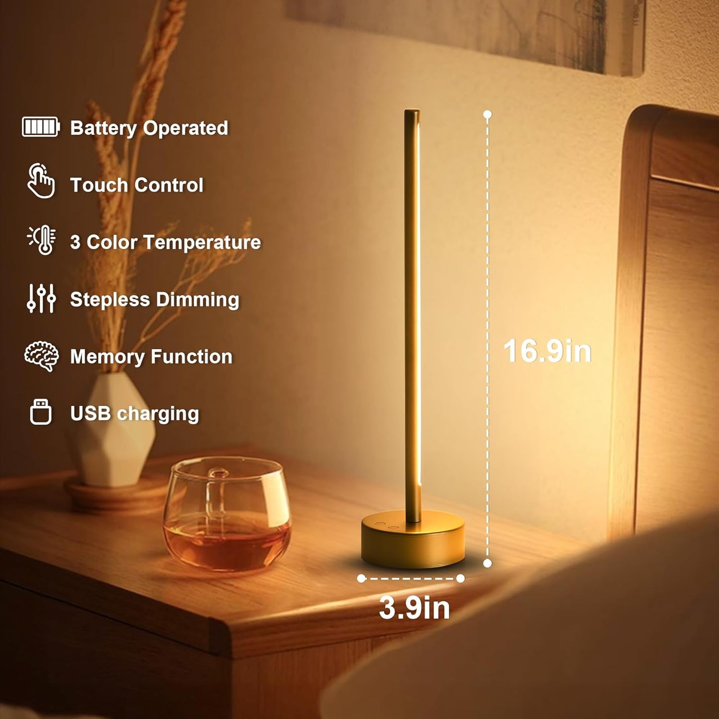 Cordless LED Table Lamp, Battery Operated Portable Desk Lamp,Dimmable/3 Color/Memory Function,Modern Rechargeable Table Light for Living Room,Bedroom,Bedside,Gold