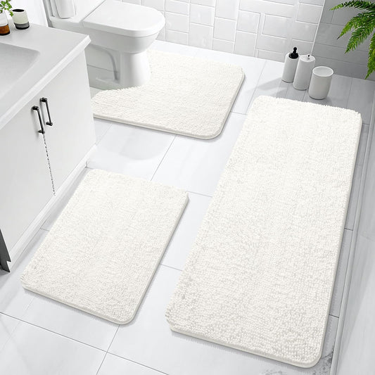 OLANLY Bathroom Rugs Sets 3 Piece, Soft Absorbent Chenille Bath Mats and U-Shaped Contour Toilet Rug, Quick Dry, Home Decor Accessories, Bath Mat Set for Bathroom (47"x20"+24"x16"+24"x20", Ivory)