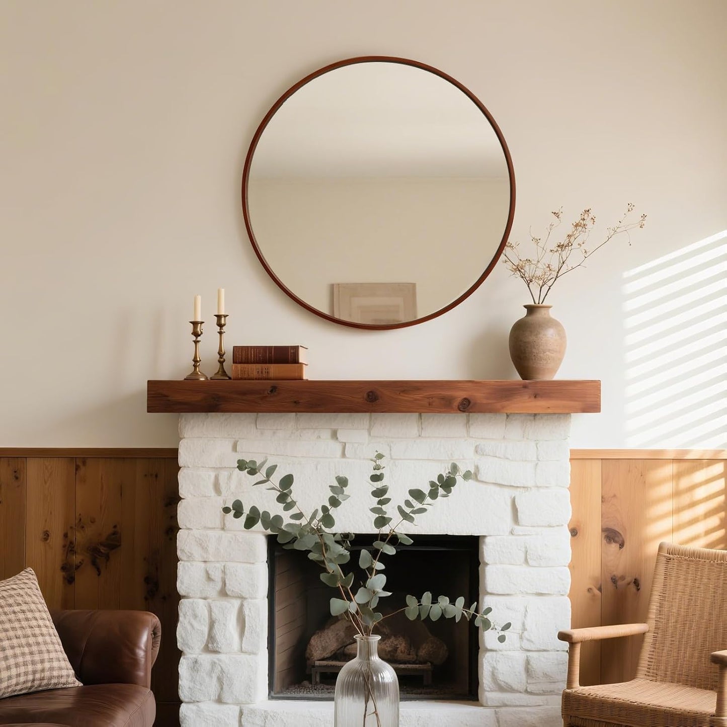 WallBeyond Round Wood Mirror, 36" Round Modern Decoration Large Circle Wall Mirror for Bathroom Living Room Bedroom Entryway, Walnut