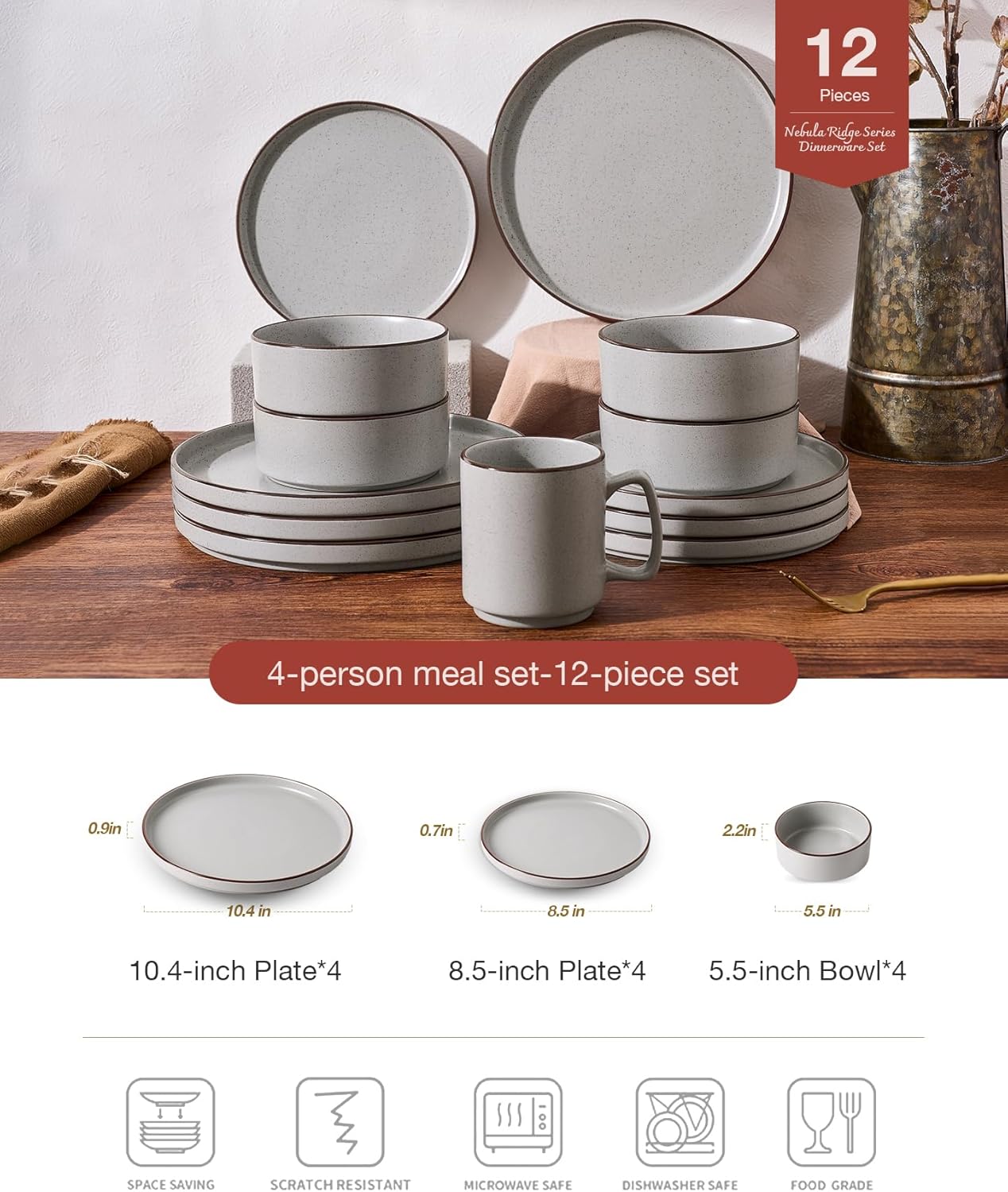 Famiware Nebula Ridge Stoneware Dinnerware Sets, Plates and Bowls Sets for 4, 12 Pieces Dishes Set, Microwave and Dishwasher Safe Kitchen Plates, Light Gray