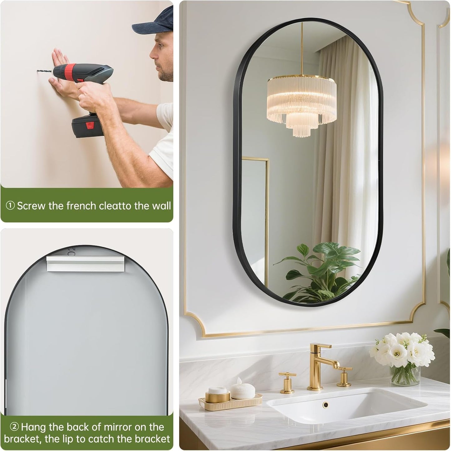 FARMER Black Oval Mirror, 22x30 Inch Oval Bathroom Mirror, Metal Frame Wall Mirror, Gold Mirror, Wall Mounted Bathroom Vanity Mirror for Bedroom, Living Room, Entryway, Vertical or Horizontal