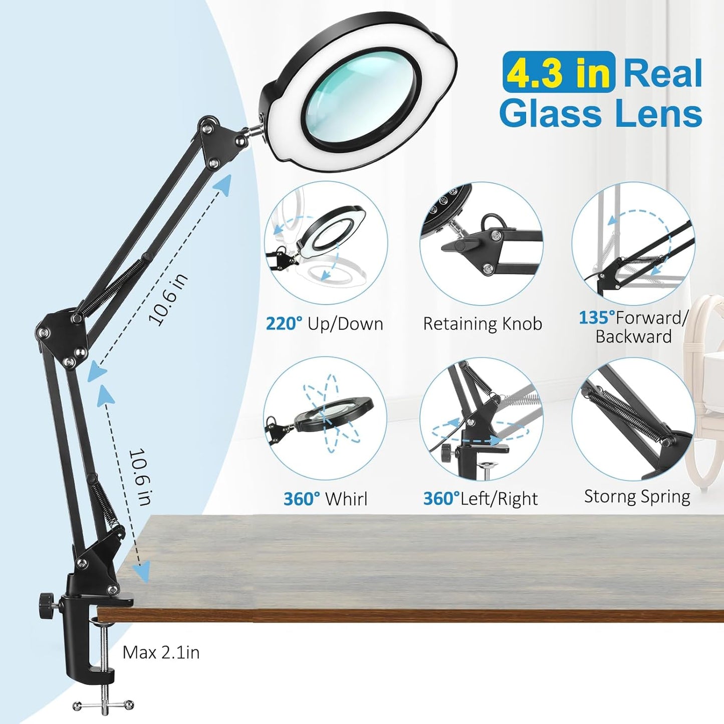 Upgrade 12X Magnifying Glass with Light and Stand, Real Glass Magnifying lamp, 5 Color Modes Stepless Dimmable, 84 LEDs, Magnifier with Light Hands Free for Close Work, Reading Craft Repair