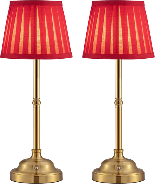 KDG Cordless LED Table Lamp Set of 2, Portables Fabric Shade Desk Lamps, 5000mAh Rechargeable Battery Powered Lighting, Dimmable Light for Dining Room, Bedroom, Bedside, Night Light, Balcony (Red)