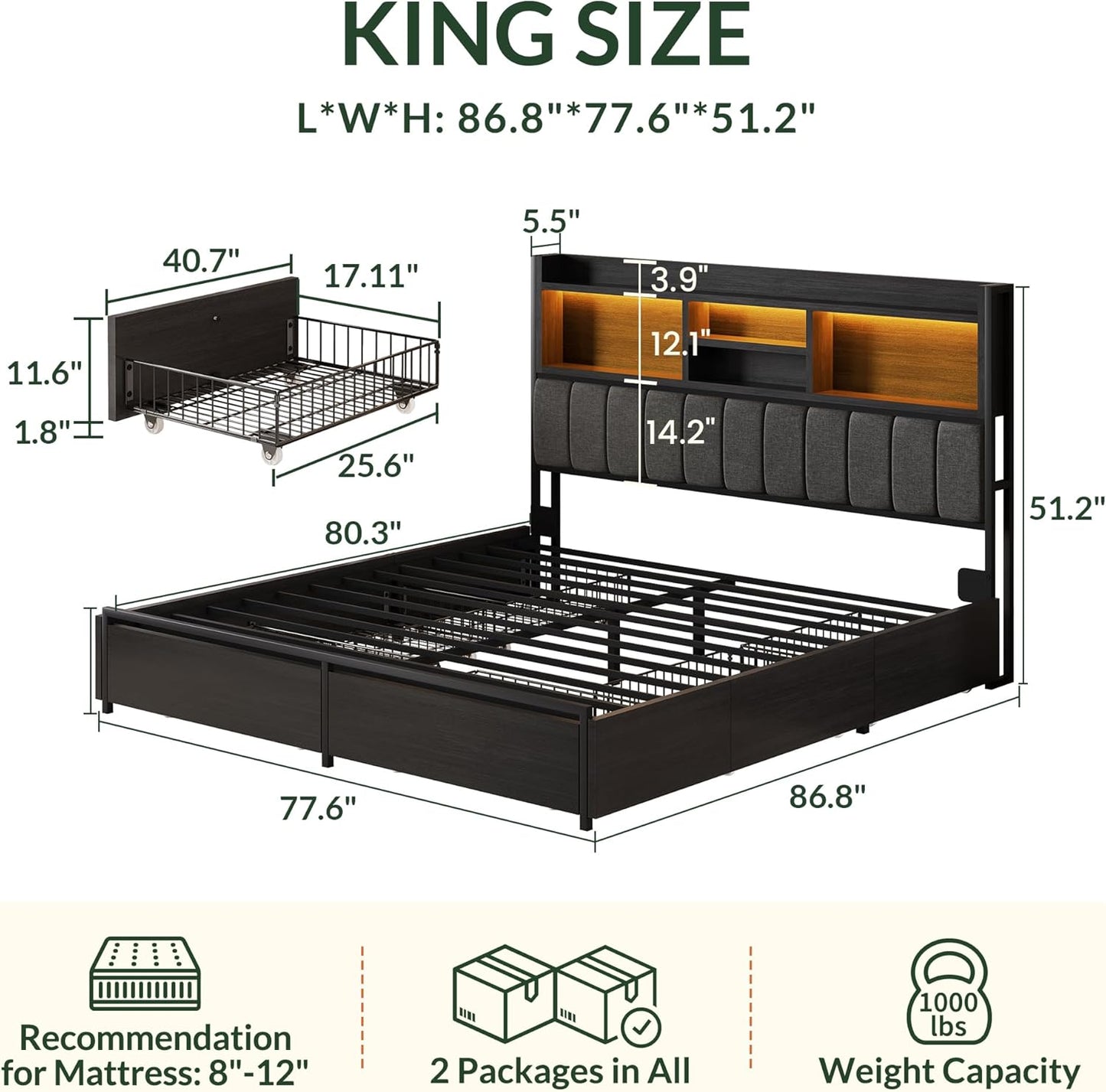 LARMACE King Bed Frame with 6 Storage Drawers, Bed Frame King Size with Linen Upholstered Headboard, Built in Charging Station and LED, No Noise, Metal Support, No Box Spring Needed,Vintage Black