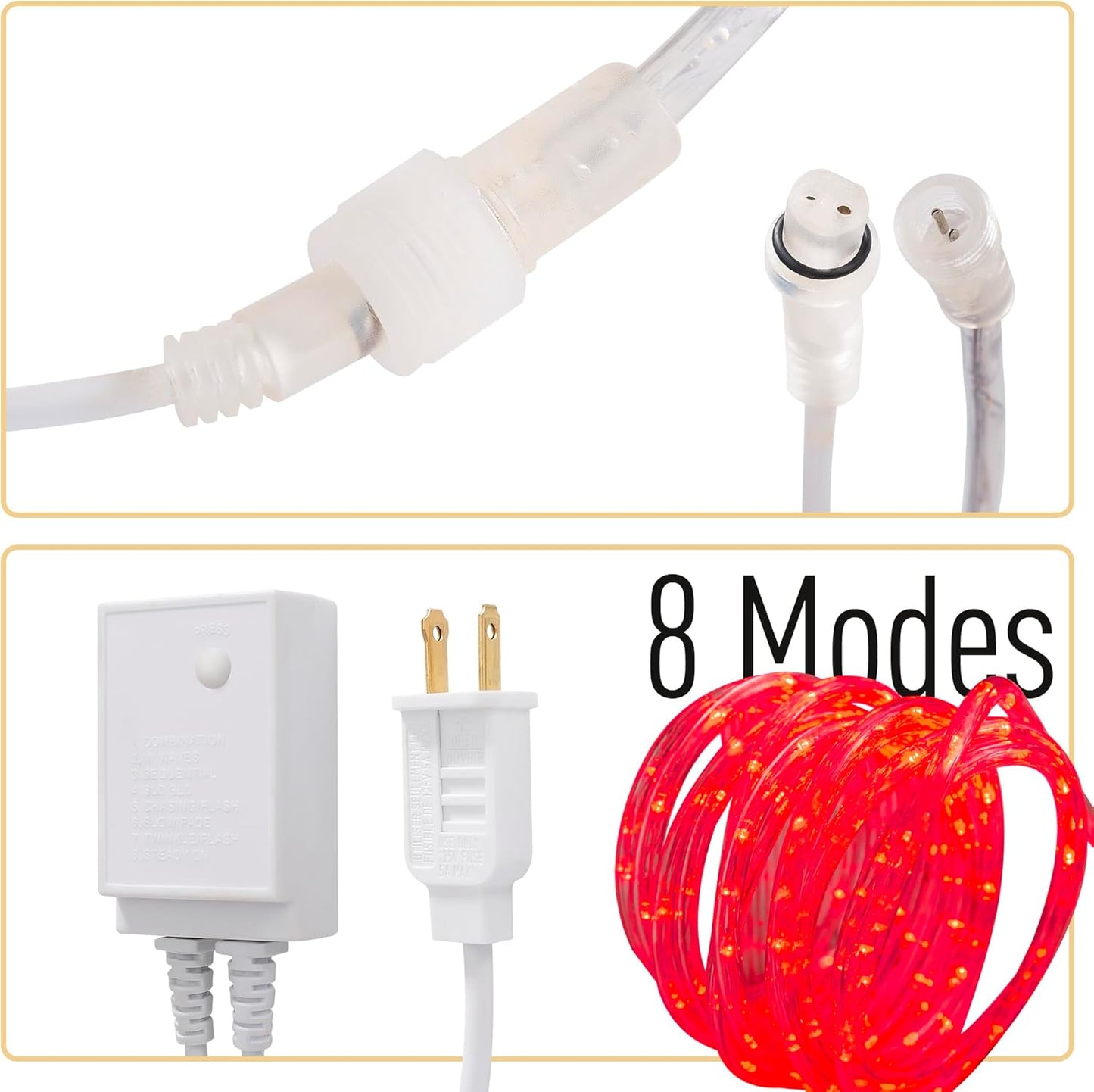 Waterproof LED Rope Lights, Connectable & Flexible with 8 Modes, Outdoor Lighting for Deck, Garden, Pool, Patio & Christmas Decor (RED, 20ft)