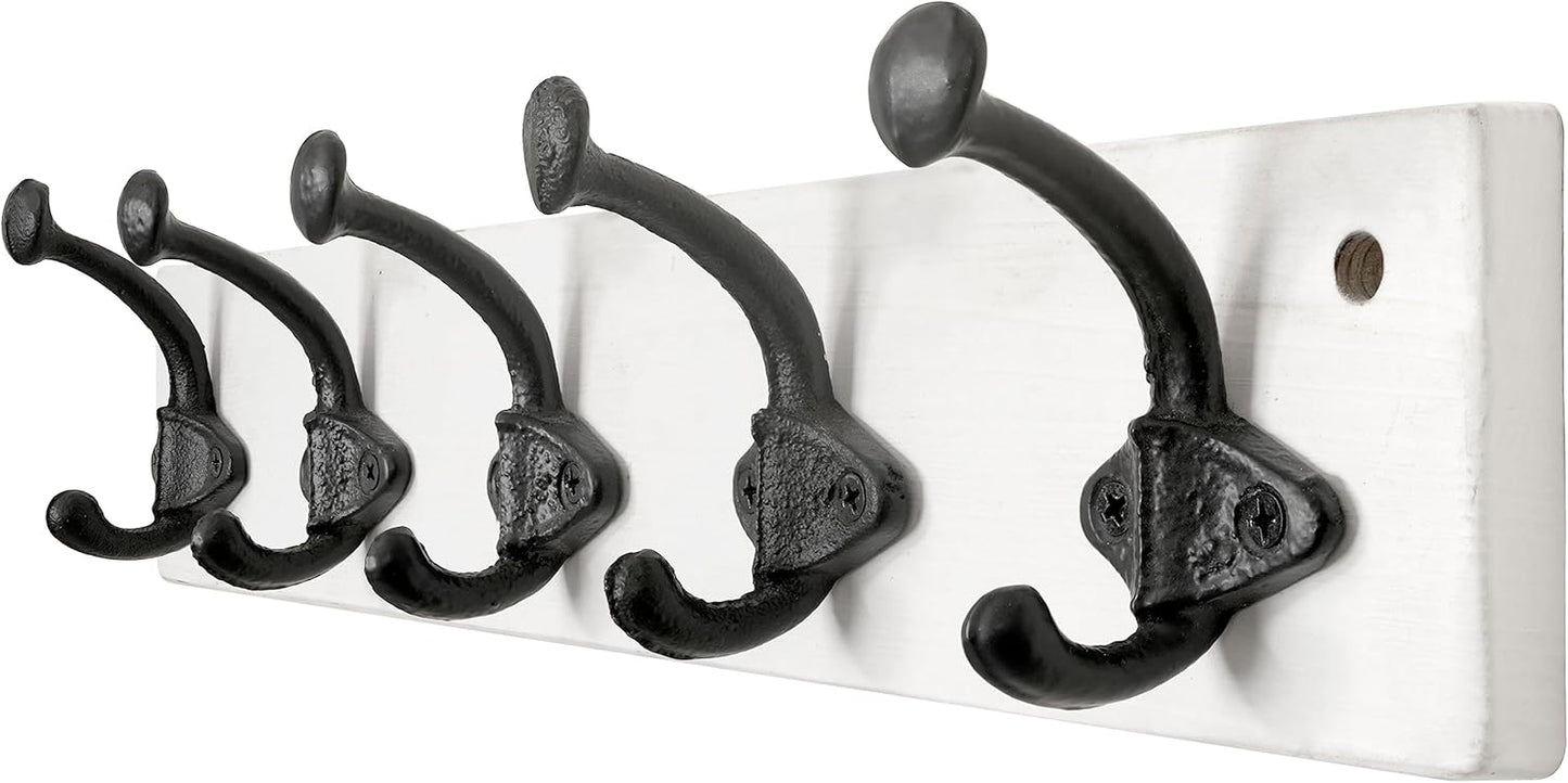 WEBI Rustic Coat Rack Wall Mount,5 Cast Iron Hooks,Coat Hooks Wall Mounted,Heavy Duty Antique Vintage Hooks for Hanging Coats,Jacket,Clothes,Black on White