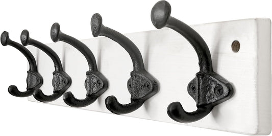 WEBI Rustic Coat Rack Wall Mount,5 Cast Iron Hooks,Coat Hooks Wall Mounted,Heavy Duty Antique Vintage Hooks for Hanging Coats,Jacket,Clothes,Black on White