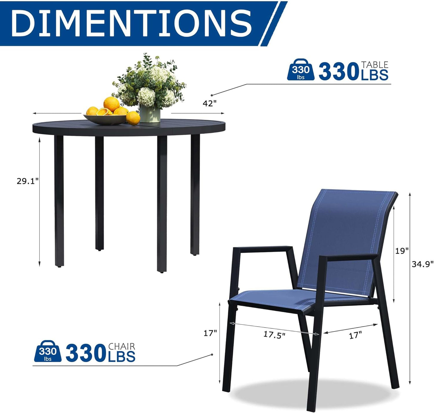 5 Piece Outdoor Dining Set, Patio Table and Chairs Set of 4, 42" Black Round Patio Table with 4 Blue Stackable Patio Chairs for Lawn, Garden, Porch