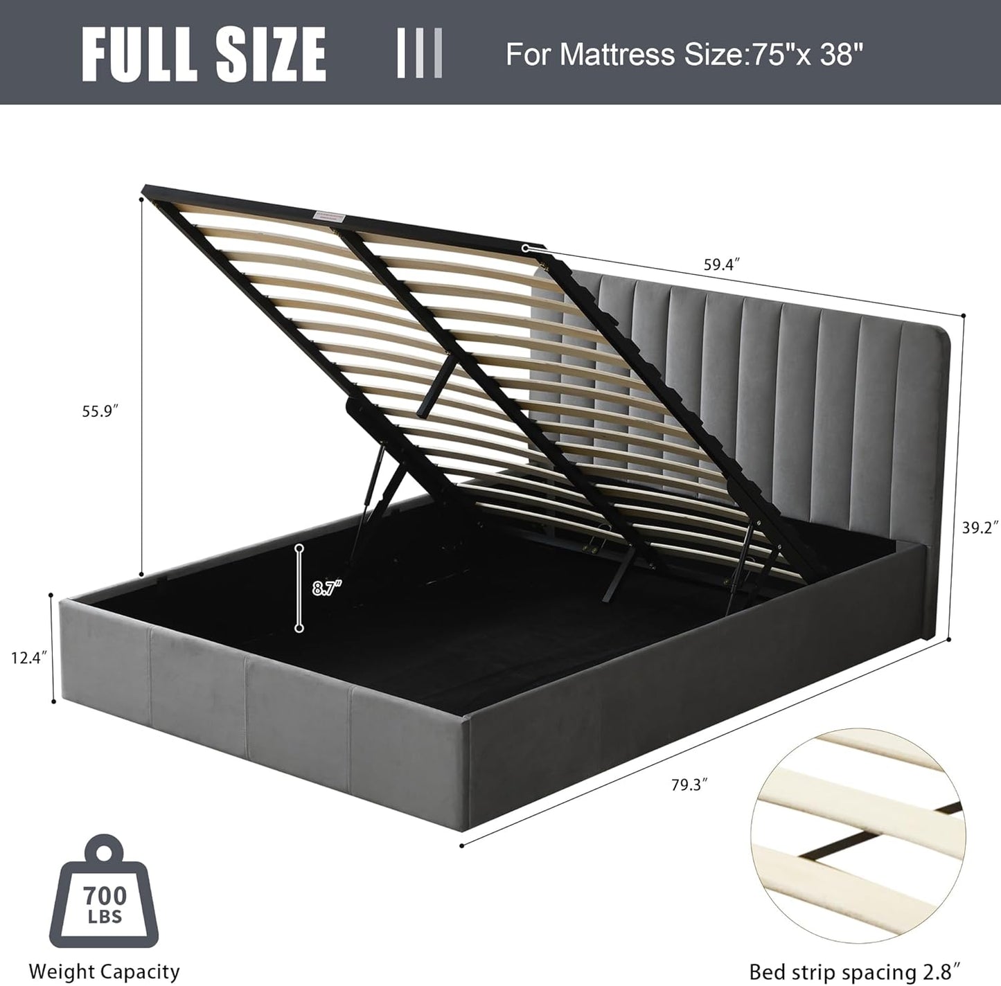 PINJU Full Size Storage Bed with Hydraulic Lift, Upholstered Platform Bed, Simple Vertical Line Design, Wooden Slat Support, No Spring Required (Grey, Full)