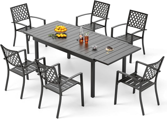 PHI VILLA 7 Piece Outdoor Dining Table Sets, Expandable Rectangular Metal Dining Table and 8 Bistro Metal Chairs for Patio, Deck, Yard
