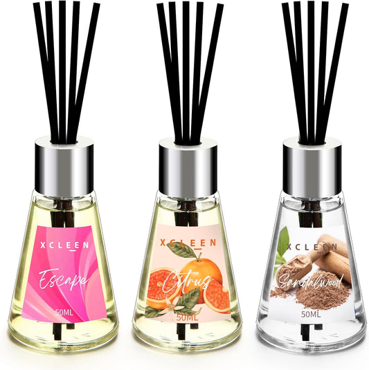 Reed Diffuser of 3 Pack, Escape/Citrus/Sandalwood, Scented Diffuser with 15 Fiber Sticks, Home Fragrance Oil Diffuser, Air Freshener for Bathroom & Bedroom, Each 1.7Fl Oz, Total 5.1Oz