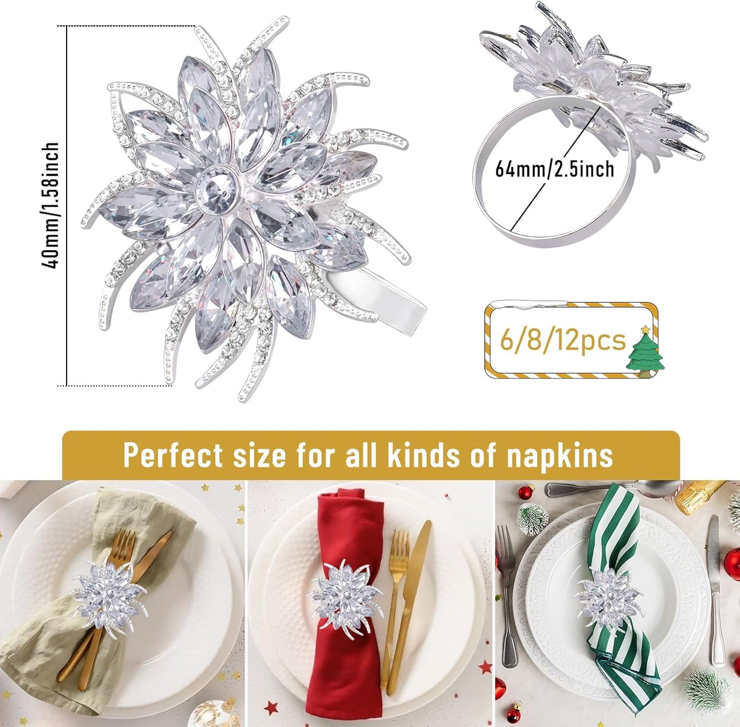 Legigo Set of 12 Christmas Lotus Flower Napkin Rings Set for Dinning Table Setting- Silver Rhinestone Xmas Winter Napkin Ring Holders for Cloth Napkins, Christmas Holiday Party Dinner Table Decoration