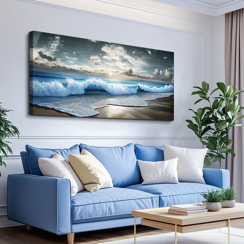 MHARTK66 Blue Ocean Canvas Wall Art Large Paintings For Living Room Landscape Nature Artwork For Walls Wall Decor For Bedroom Beach Pictures Wall Art Modern Office Waves Poster Decorations 24x48