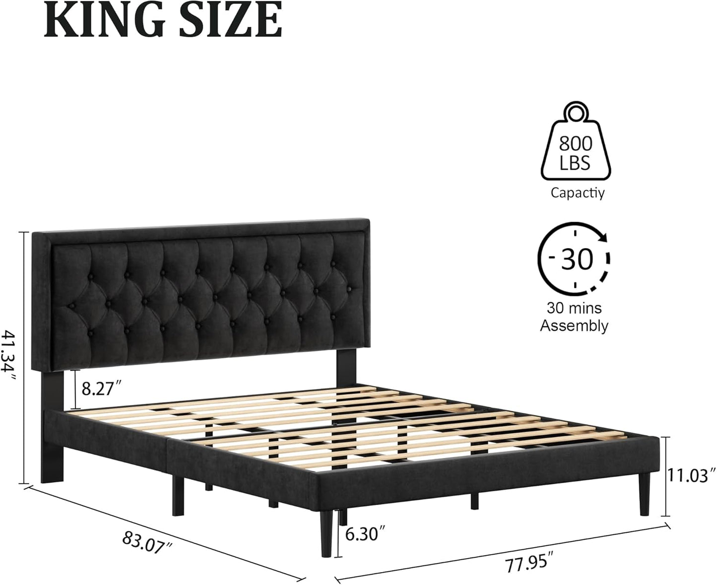 King Size Platform Bed Frame with Upholstered Velvet Button Tufted Headboard, Mattress Foundation with Wooden Slat Support, No Box Spring Needed, Easy Assembly, Noise Free, Black.