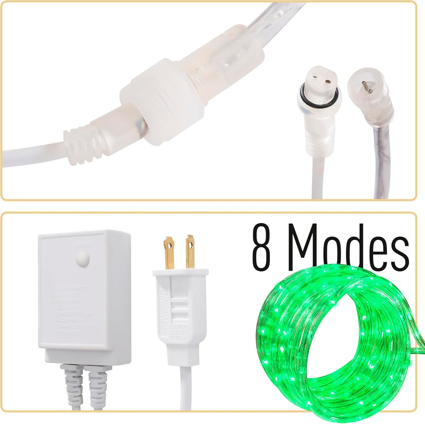 Waterproof LED Rope Lights, Connectable & Flexible with 8 Modes, Outdoor Lighting for Deck, Garden, Pool, Patio & Christmas Decor (Green, 20ft)