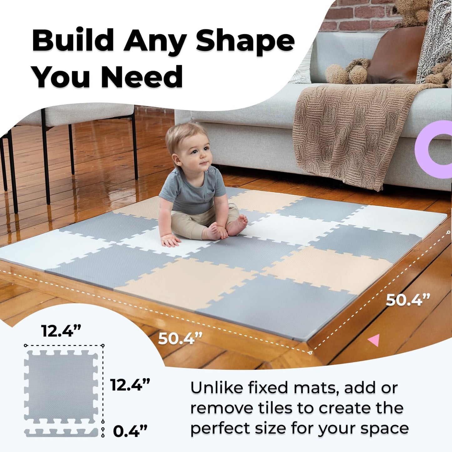 MioTetto Foam Floor Tiles for Kids - Non-Toxic Comfortable Baby Play Mat and Interlocking Foam Tiles, Fits with 50x50 Playpen Mat for Crawling & Development, Soft Play Mat for Babies 6-12 Months