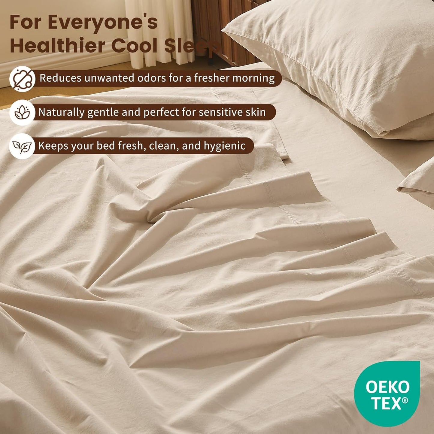 100% Linen Sheet Set Queen Size Extra Deep Pocket Fits 18-24 Inch Mattress, Breathable & Soft, Smooth 4-Piece Set for Thick Mattresses Hotel Luxury Bedding（Queen, Linen）