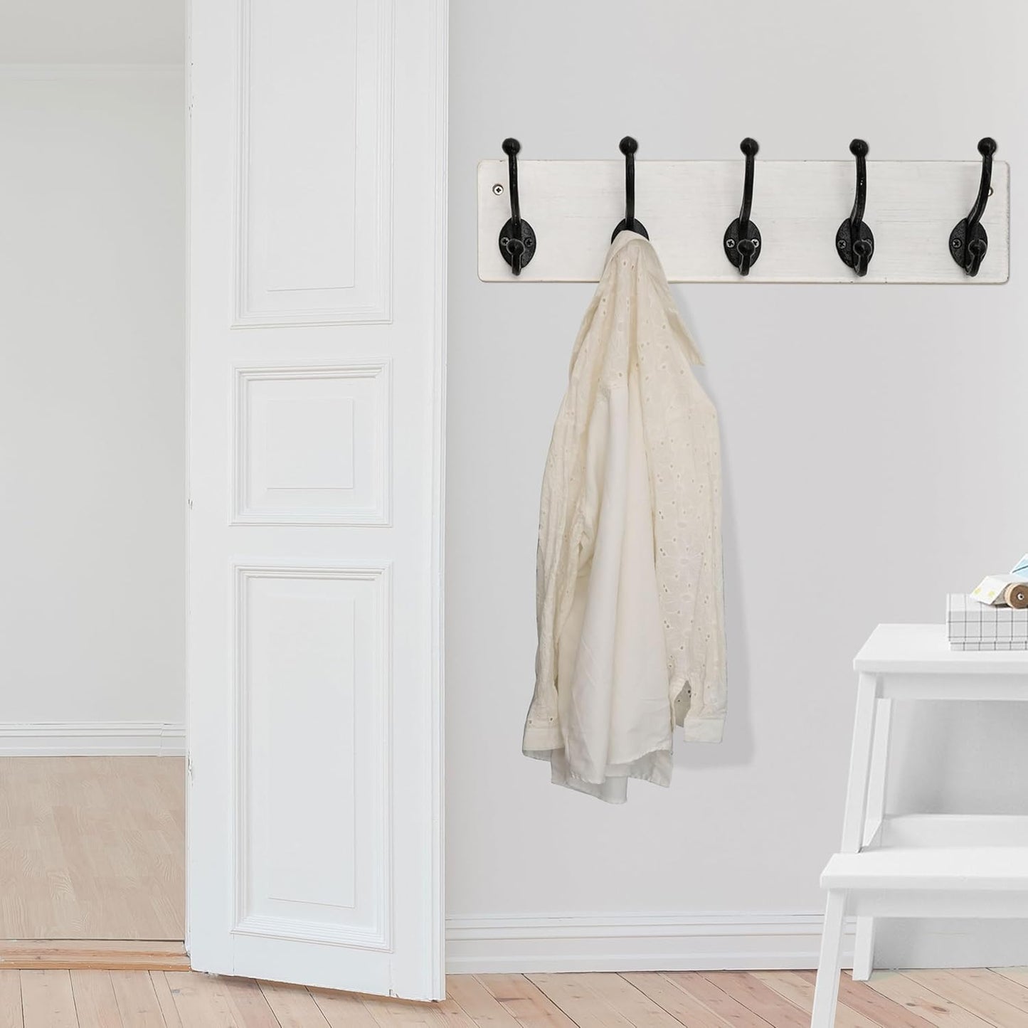 WEBI Rustic Coat Rack Wall Mount,5 Cast Iron Coat Hooks Wall Mounted,Heavy Duty Wall Coat Hanger,Vintage Hooks for Hanging Coats,Clothes,Black on White