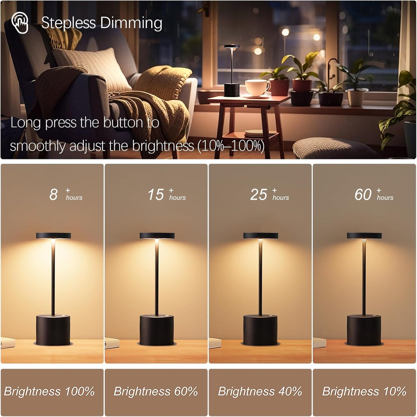 2 Pack Cordless Rechargeable Table Lamp, 3 Color Temperature & Dimmable, IP54 Waterproof Battery Operated Portable LED Light for Outdoor, Patio, Restaurant, Bedside, Shower (Matte Black)